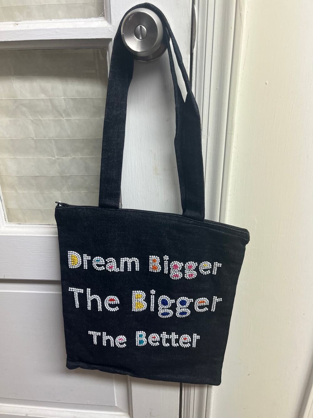 - Dream Bigger - Black Denim Beaded Tote Bag - Zip Closure - NEW - 11.5" 13.5"